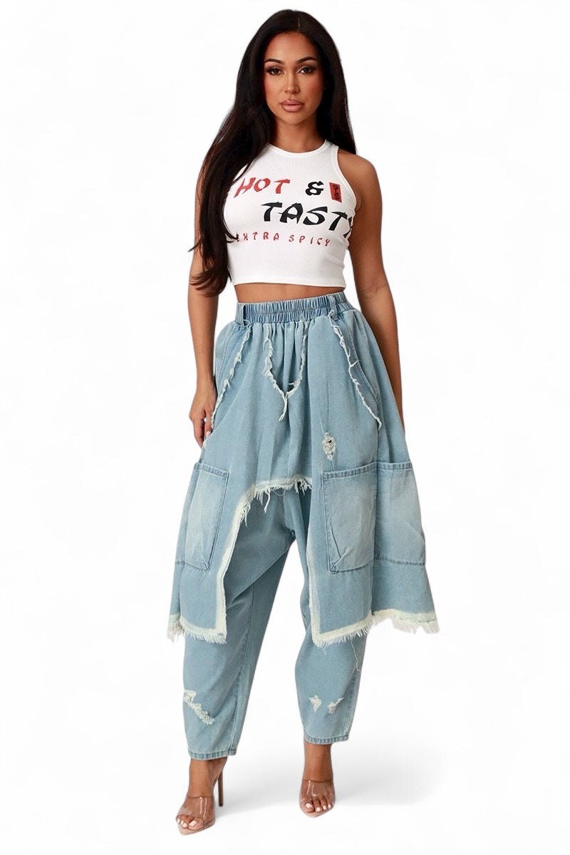 Trendy Distressed Denim Harem Pants