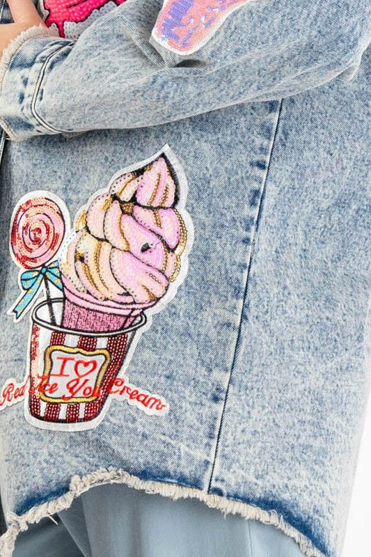 Acid Wash Denim Patches Shirt Jacket