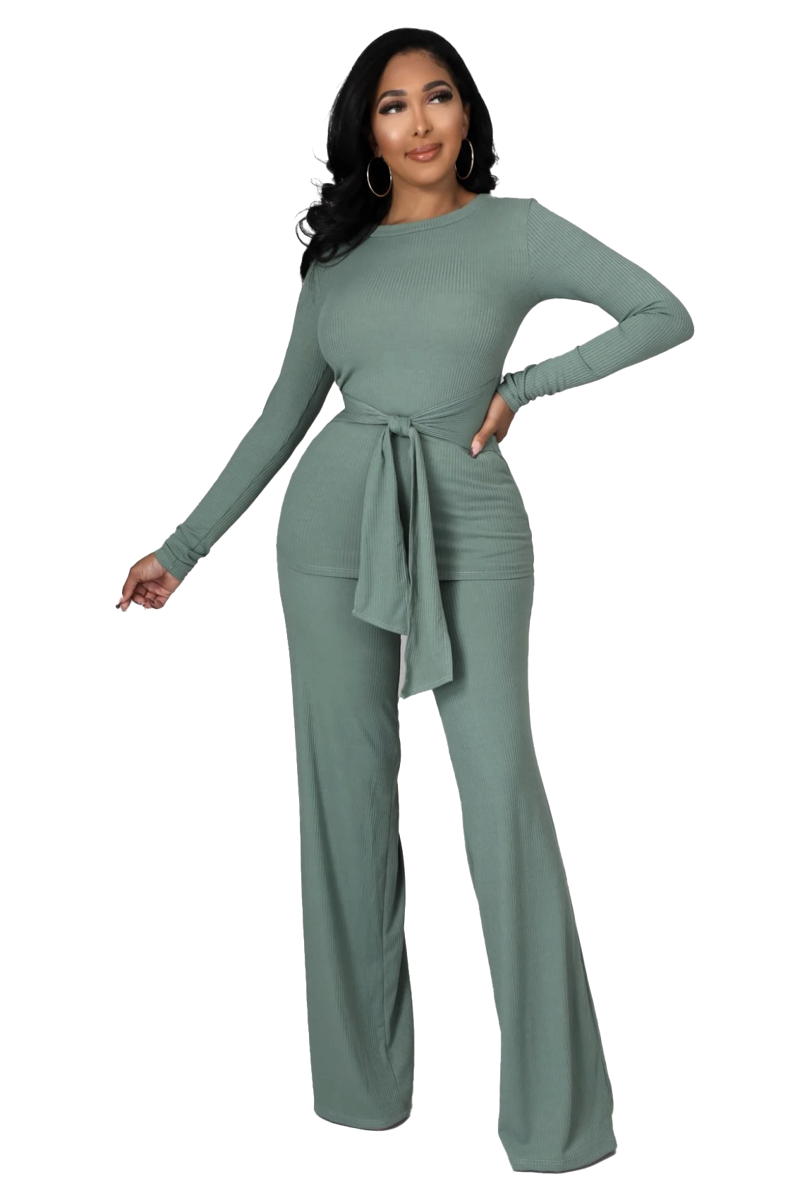 2 PC Ribbed Belted Top Wide Leg Bottom Set - Green