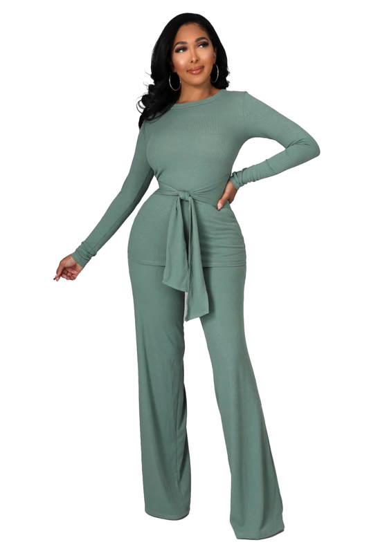 2 PC Ribbed Belted Top Wide Leg Bottom Set - Green