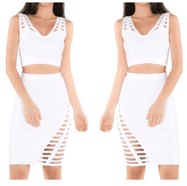 2pc Bandage Sleeveless V-Neck top w/ Braided Detail Skirt Set