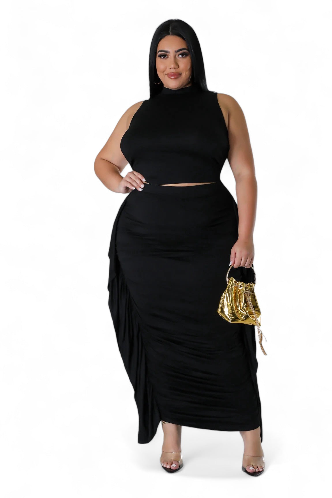 Curvy Two Piece Mock Neck Crop Top Ruched Fringed Skirt Set