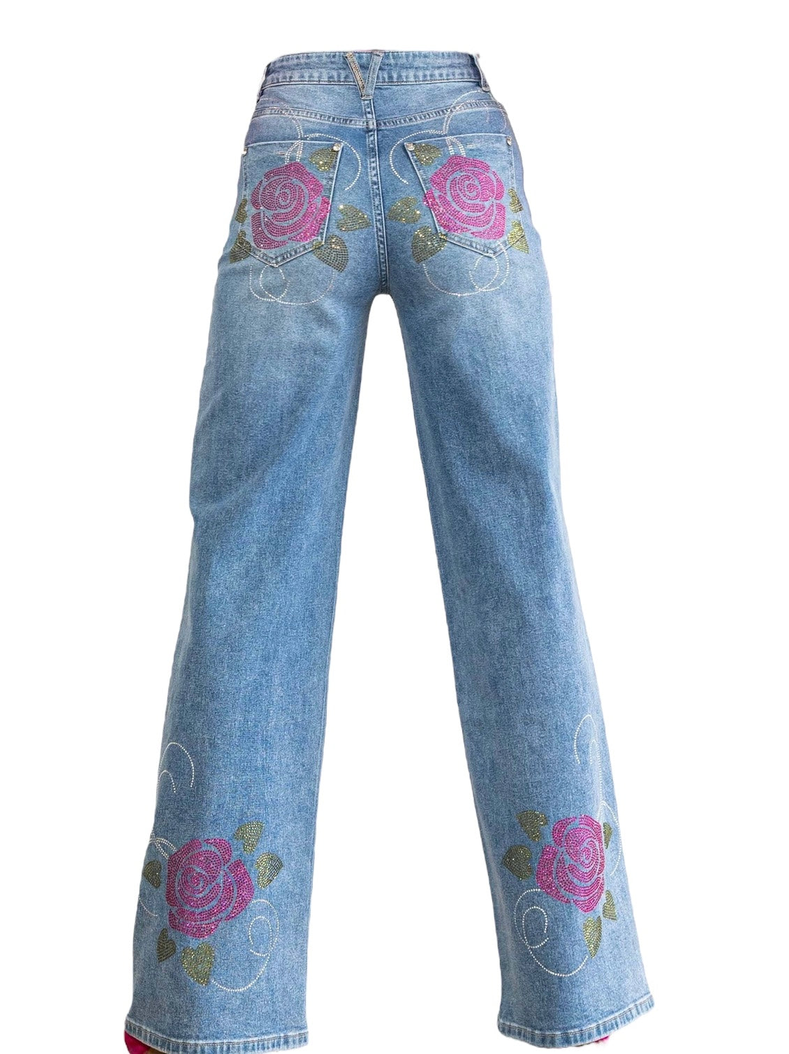 Rose Rhinestone Wide Jeans