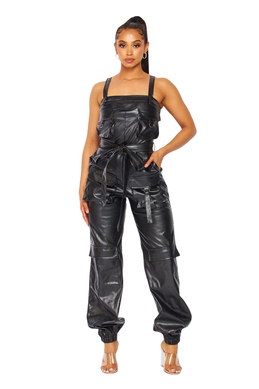 Vegan Leather Cargo Pocket Jogger Jumpsuit