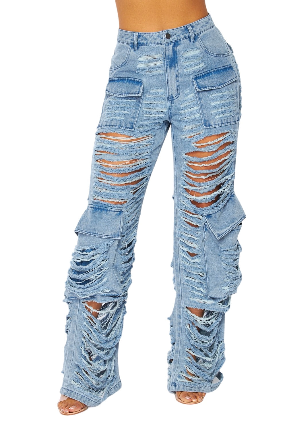 Total Distressed Denim Wide Leg Cargo Pants
