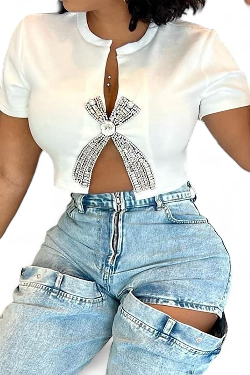 Rhinestone Front Split Open Crop T-Shirt