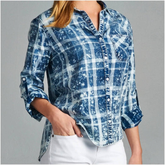 Acid Wash Plaid Denim Shirt