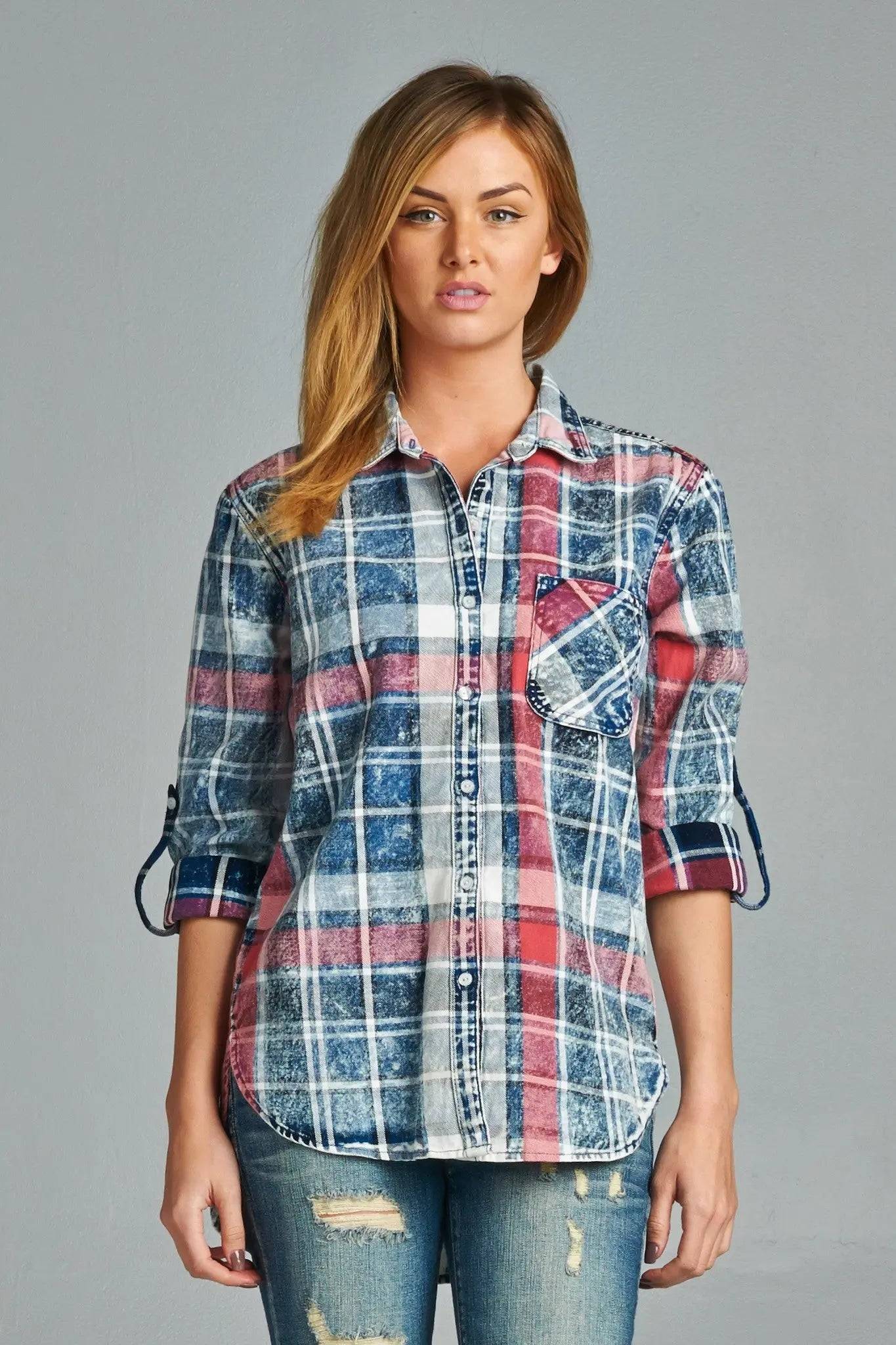 Acid Wash Plaid Denim Shirt