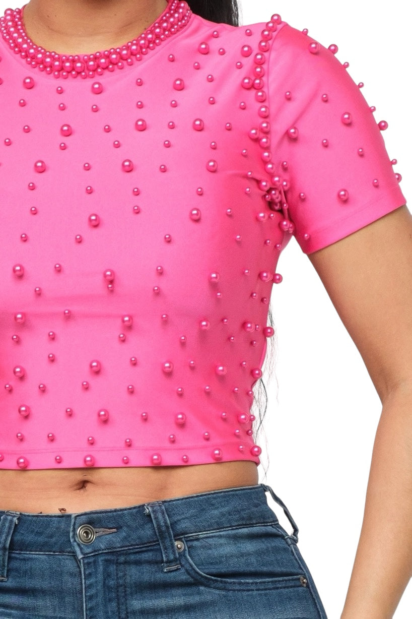 Front Pearls Embellished Detail Crop Top
