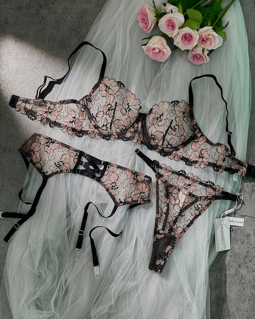Black& Dustyrose Flowers Lingerie Set