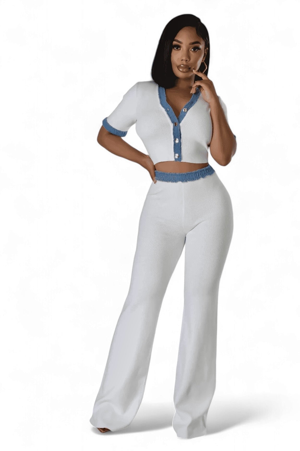 Two Piece Knit Pants Set with Denim Trim