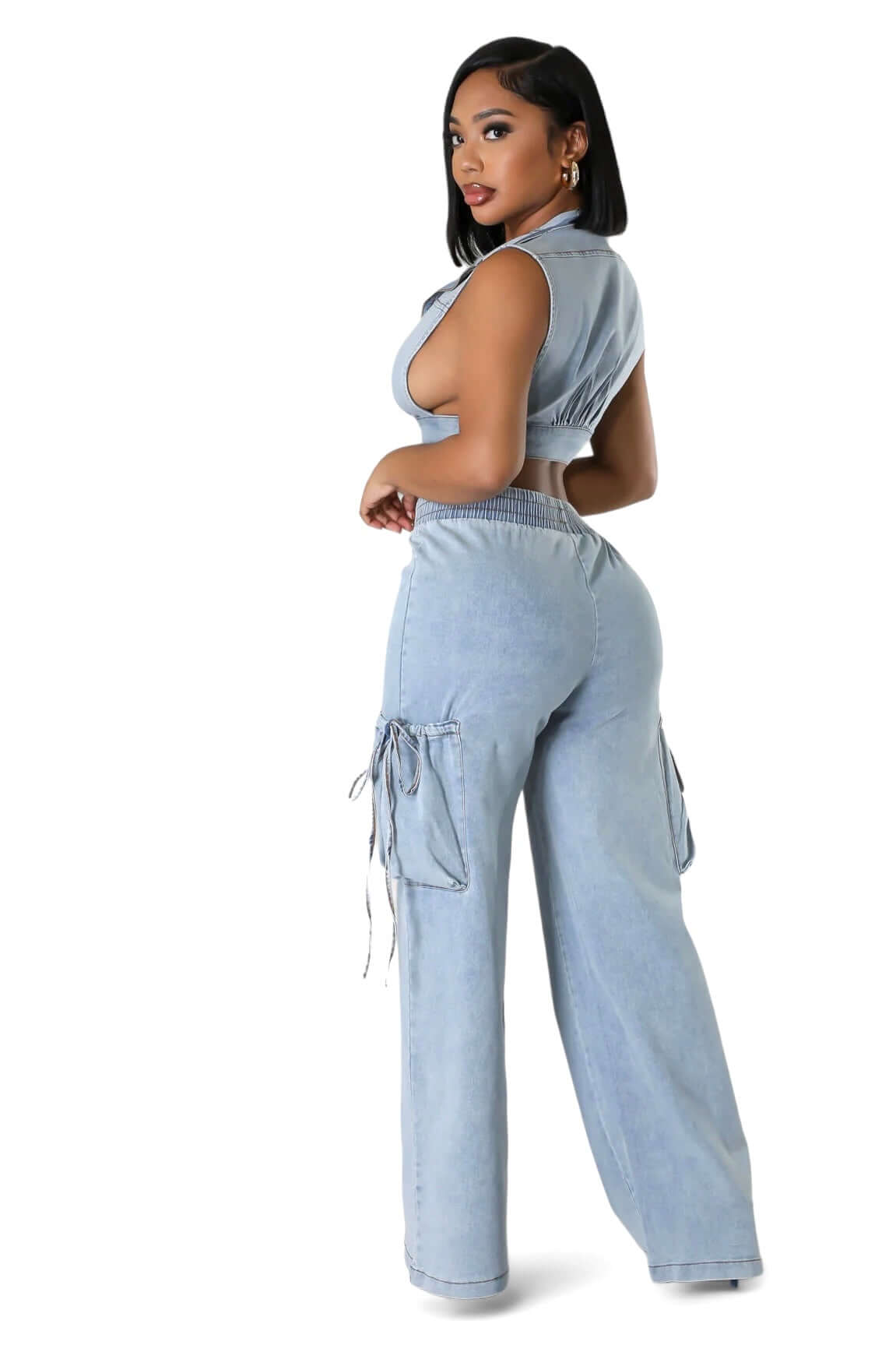 Two Piece Denim Cropped Top & Cargo Jean Pants Set
