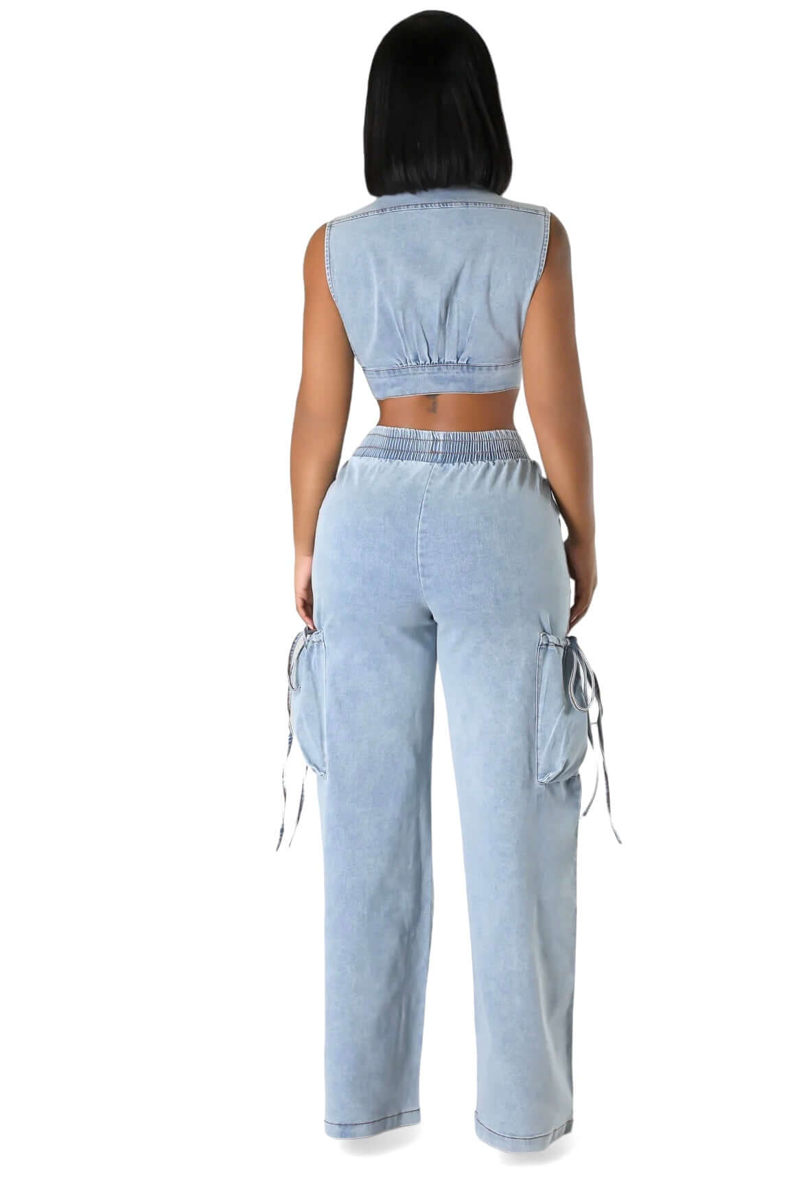 Two Piece Denim Cropped Top & Cargo Jean Pants Set