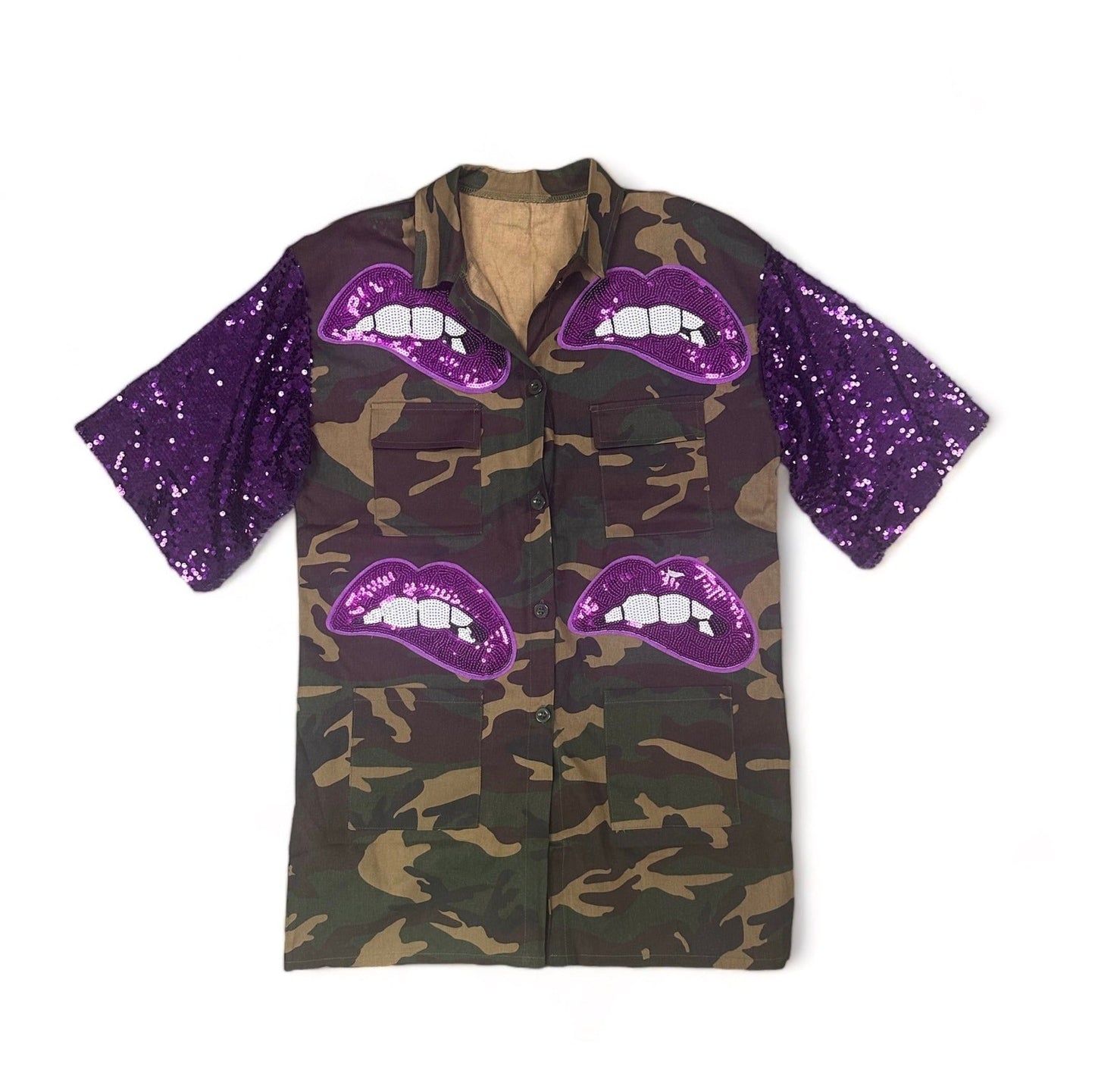 Camouflage Sequin Lips Split Sleeve Jacket