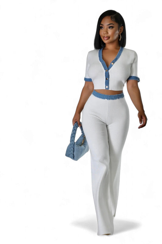 Two Piece Knit Pants Set with Denim Trim