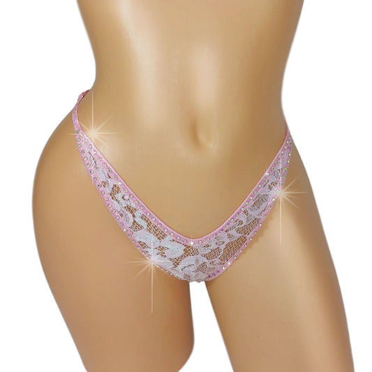 Baby Pink Lace Rhinestone G-string Thong - Adjustable straps for perfect fit! Fully lined. Sexy dancer thong