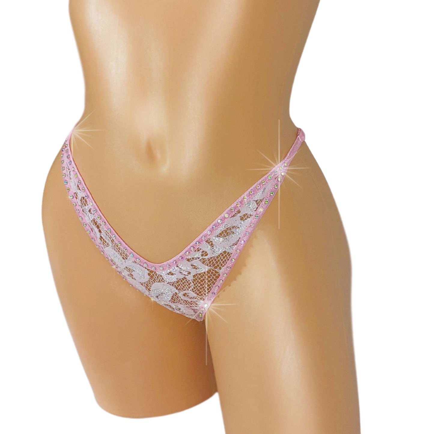 Baby Pink Lace Rhinestone G-string Thong - Adjustable straps for perfect fit! Fully lined. Sexy dancer thong