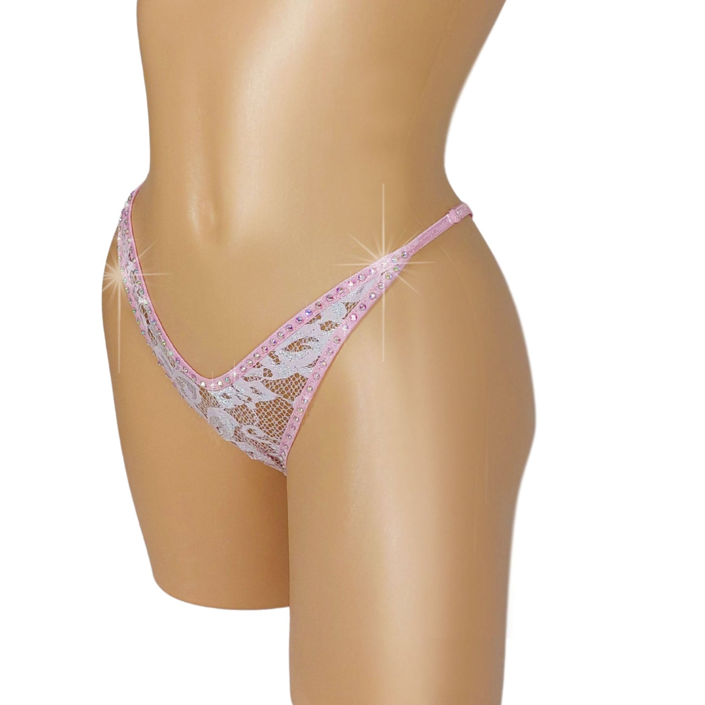 Baby Pink Lace Rhinestone G-string Thong - Adjustable straps for perfect fit! Fully lined. Sexy dancer thong
