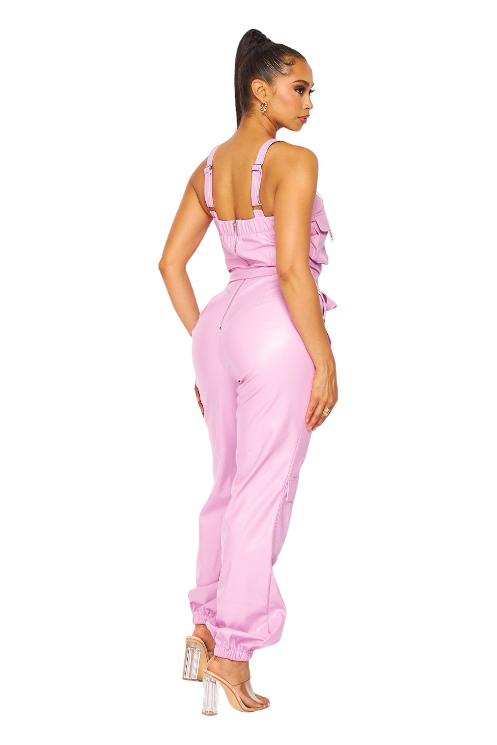 Vegan Leather Cargo Pocket Jogger Jumpsuit