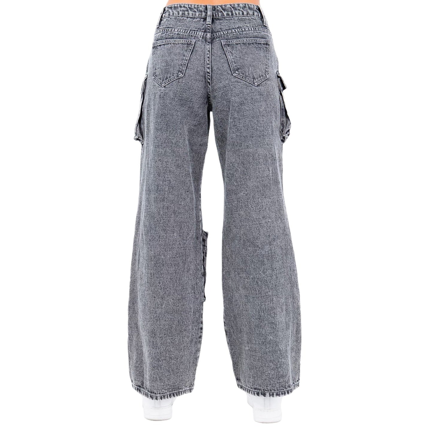 Acid Wash Denim Wide Leg Pocket Pants- RJH30564