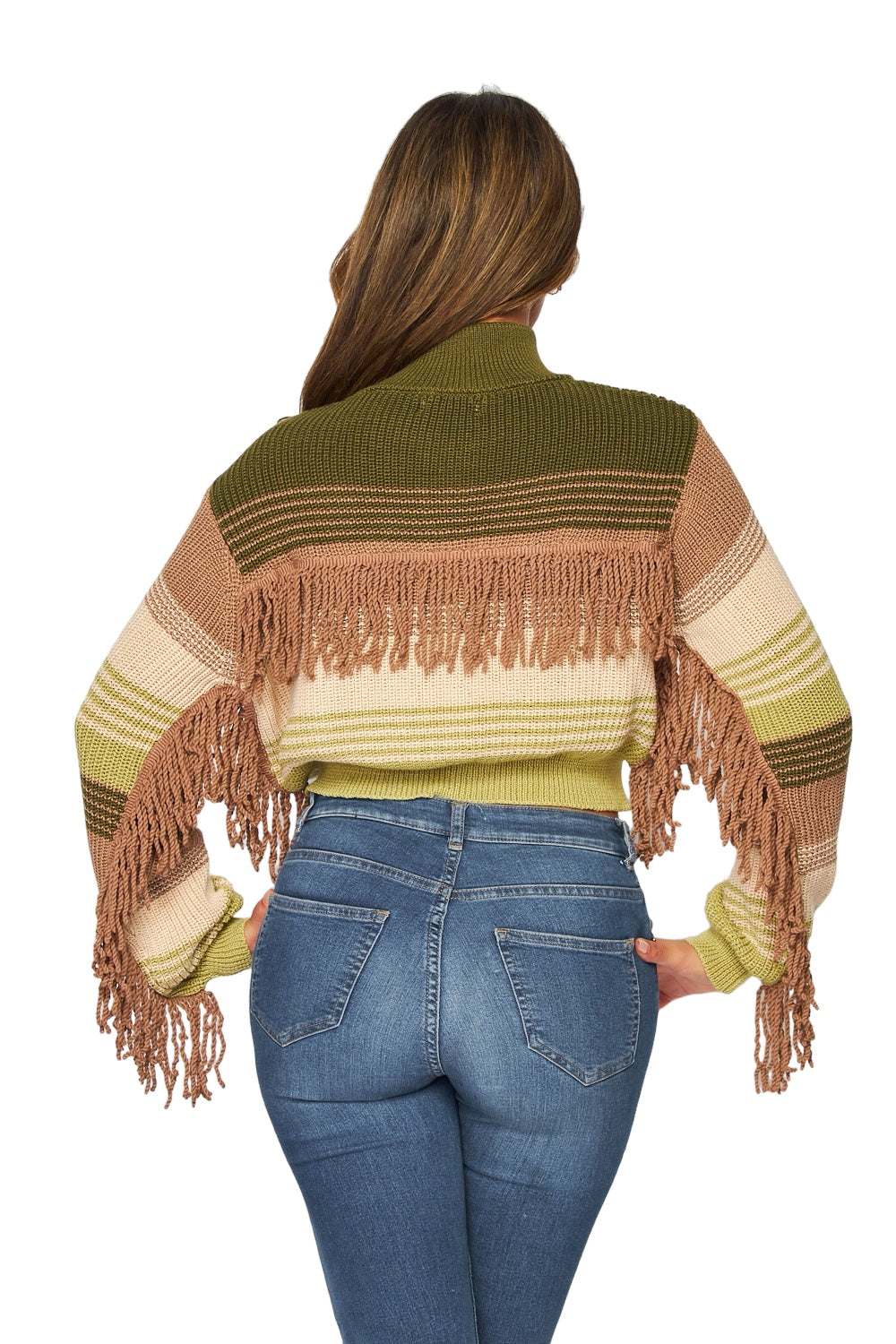 Multi-Color Knit Stripes Mock Neck Zipper Up Cropped Sweater