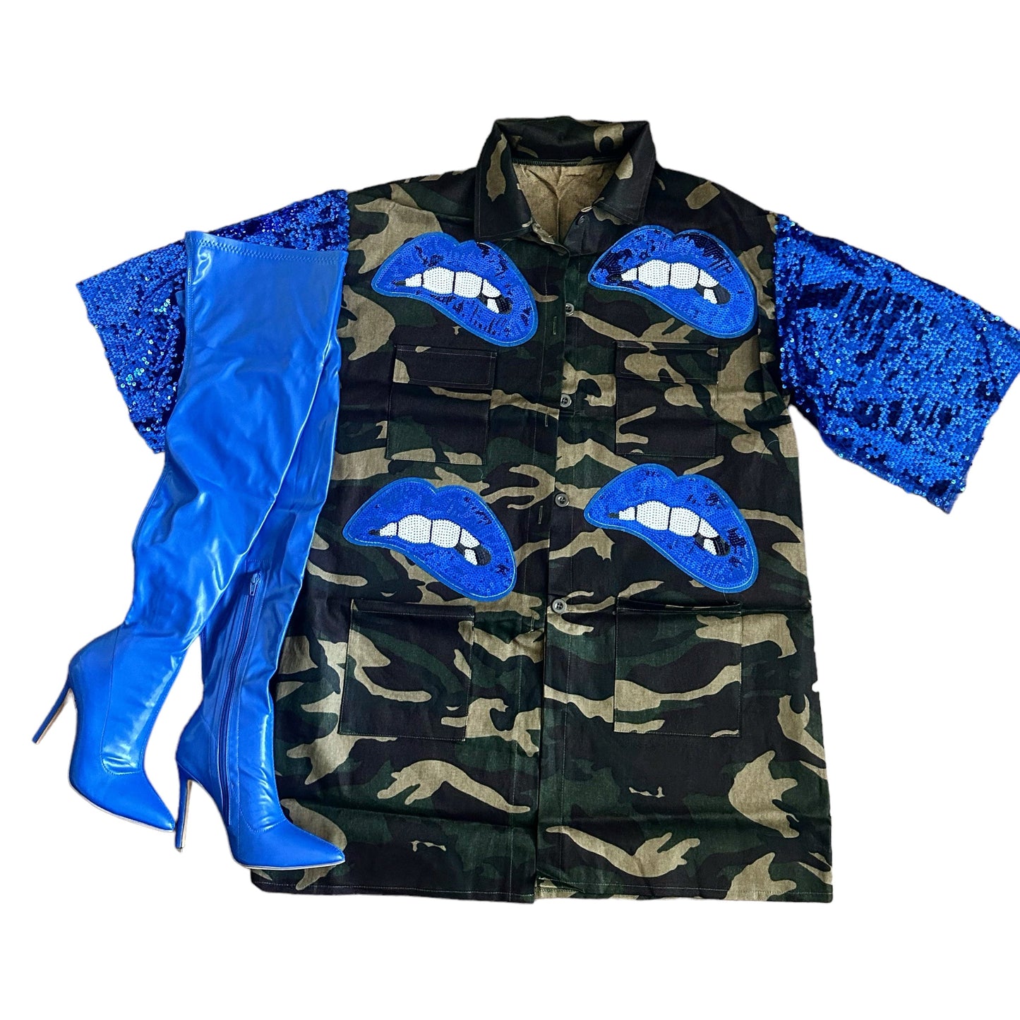 Camouflage Sequin Lips Split Sleeve Jacket