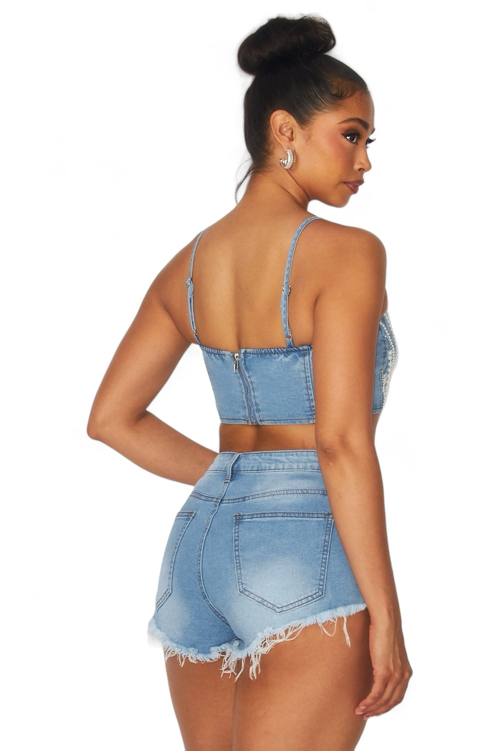 Pearl Detail Denim Short Set