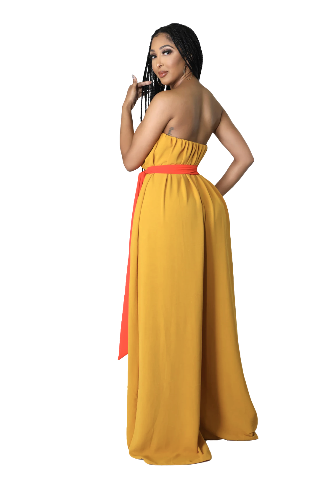 Mustard Strapless Jumpsuit with Orange Belt {33" inseam}
