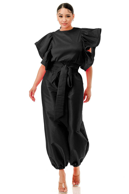 Waist Tie Ruffle Short Sleeve Elastic Waistband Top & Pants Set **Great Stretch**