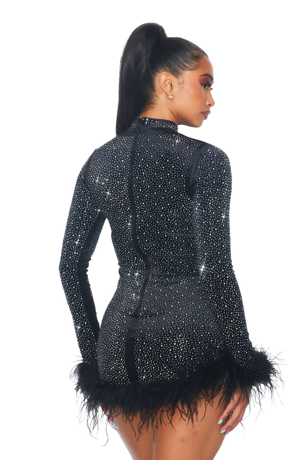 Rhinestone and Feather Velvet Mini Dress