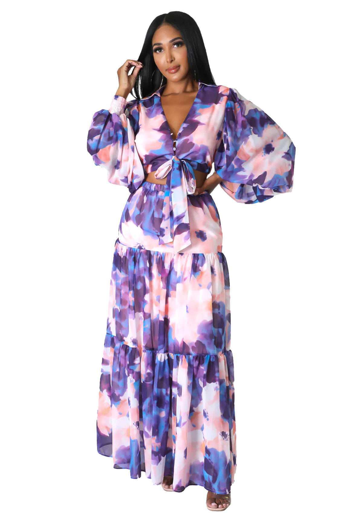 Two Piece Tie Dye Crop Top Maxi Skirt Set