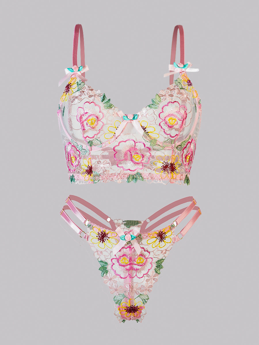 Pink Floral Embroidery Lingerie Set