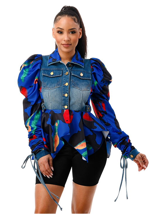 Adjustable Puff Sleeve Reconstructed Denim Peplum Jacket   {Please read Description for sizing}