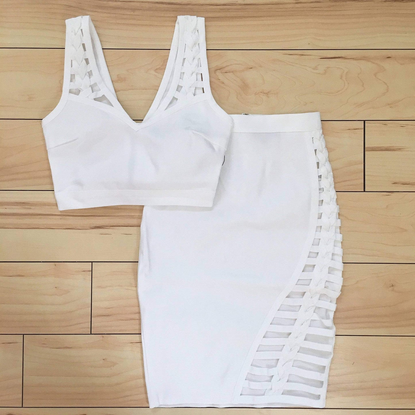 2pc Bandage Sleeveless V-Neck top w/ Braided Detail Skirt Set