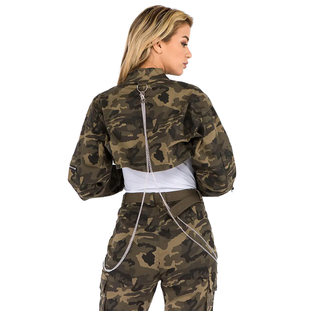Camouflage Cropped Sleeve Only Jacket with Removable Chains
