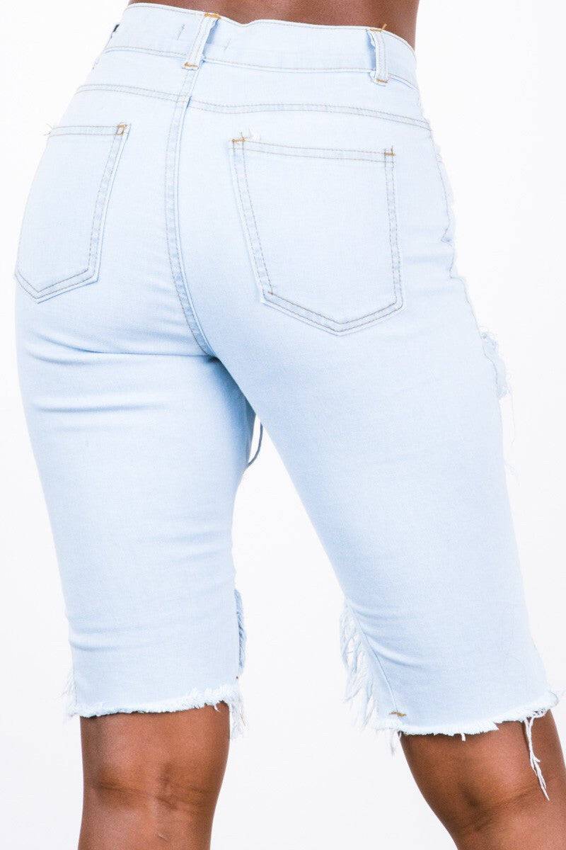 Light Blue Distressed Bermuda Shorts