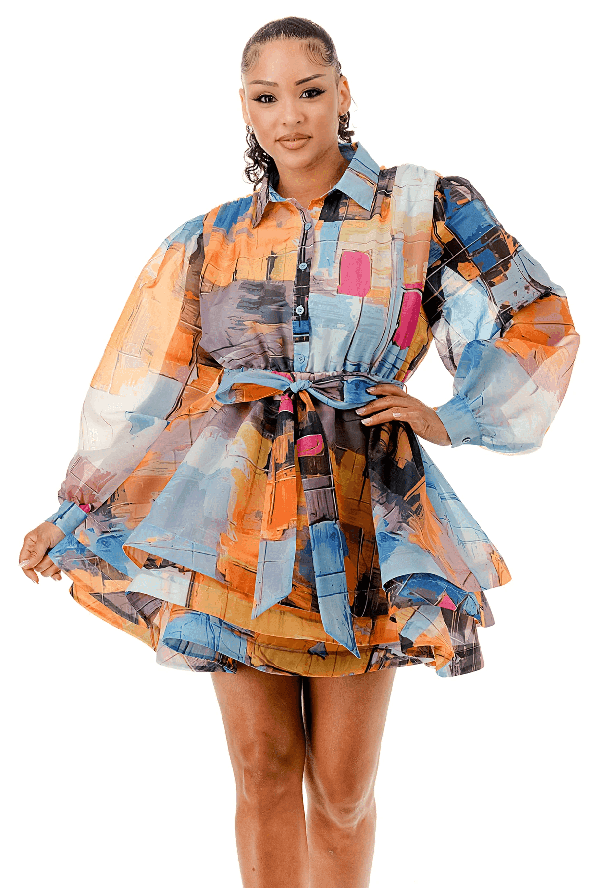 Sheer Long Sleeve Layered Ruffle Dress