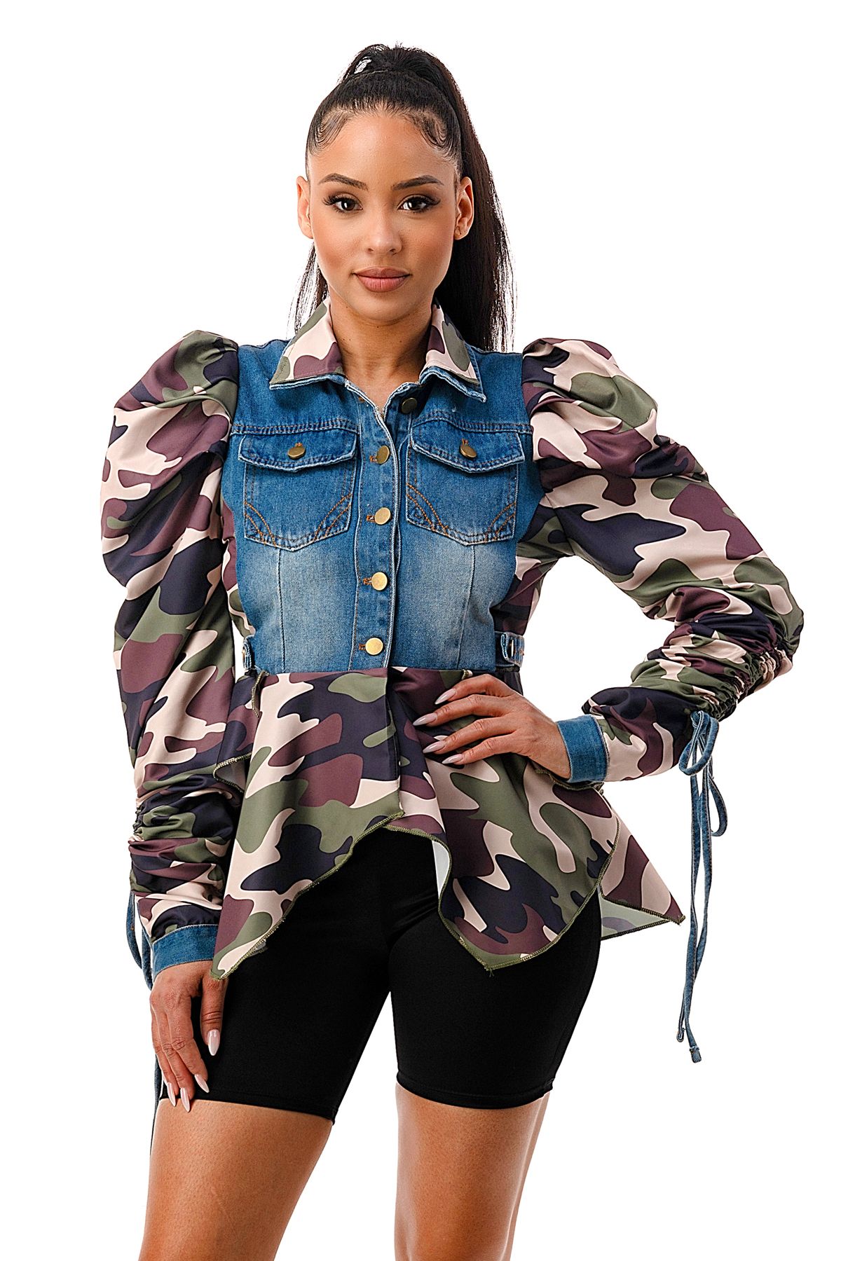Adjustable Puff Sleeve Reconstructed Denim Peplum Jacket   {Please read Description for sizing}