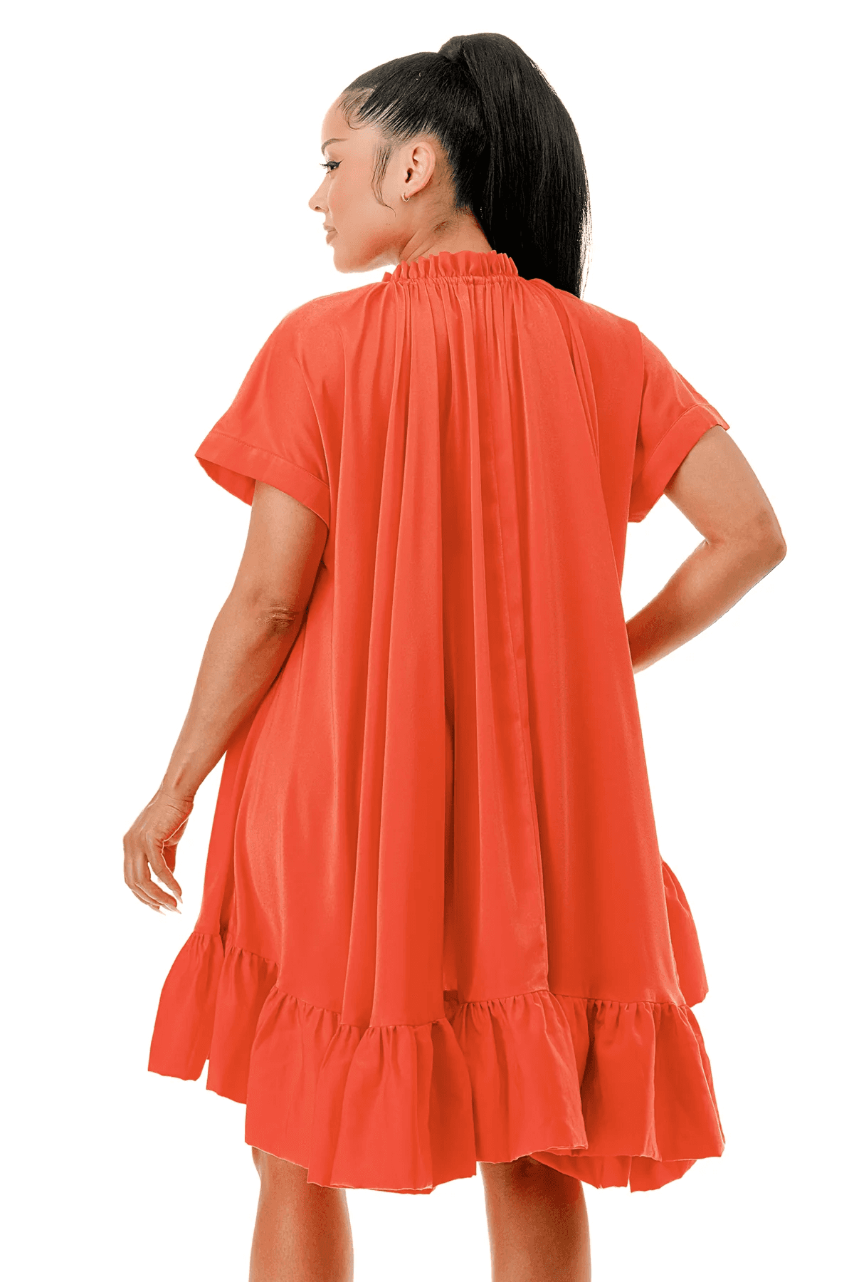 Short Sleeve Cape Style Belted Ruffled Flare Mini Dress