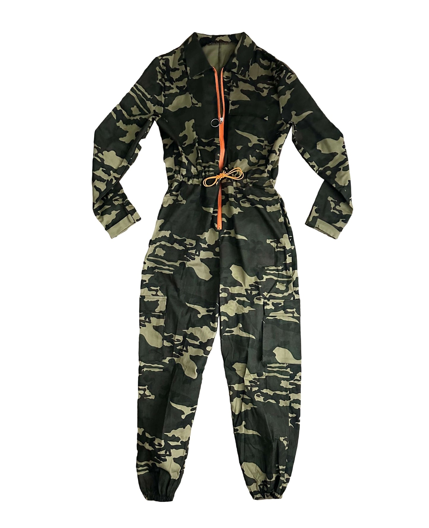 Long Sleeve Camo Cargo Jumpsuit with Orange Zipper