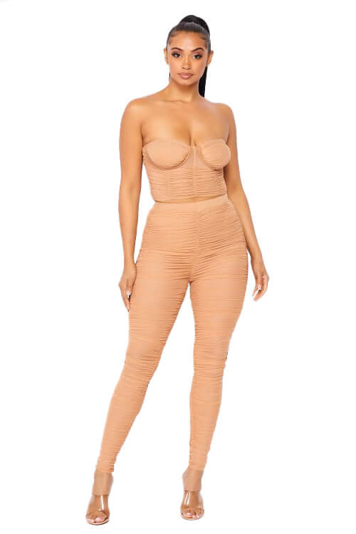 See Thru 2 PC Ruched Sweetheart Top with Matching Pants