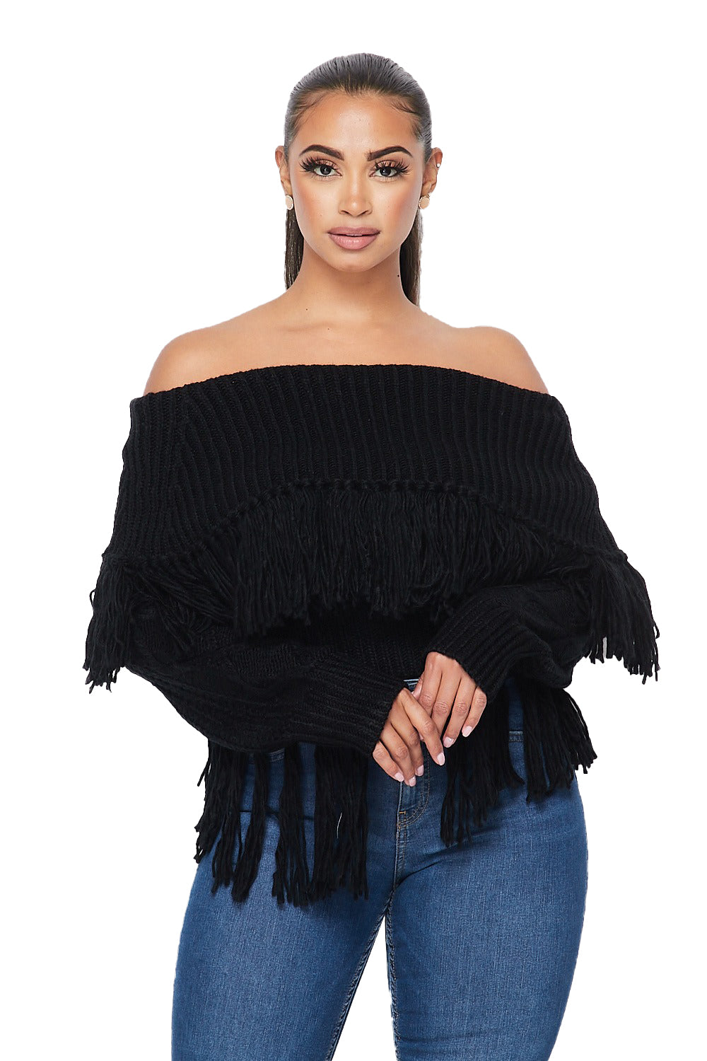 Off the Shoulder Fringe Long Sleeve Sweater