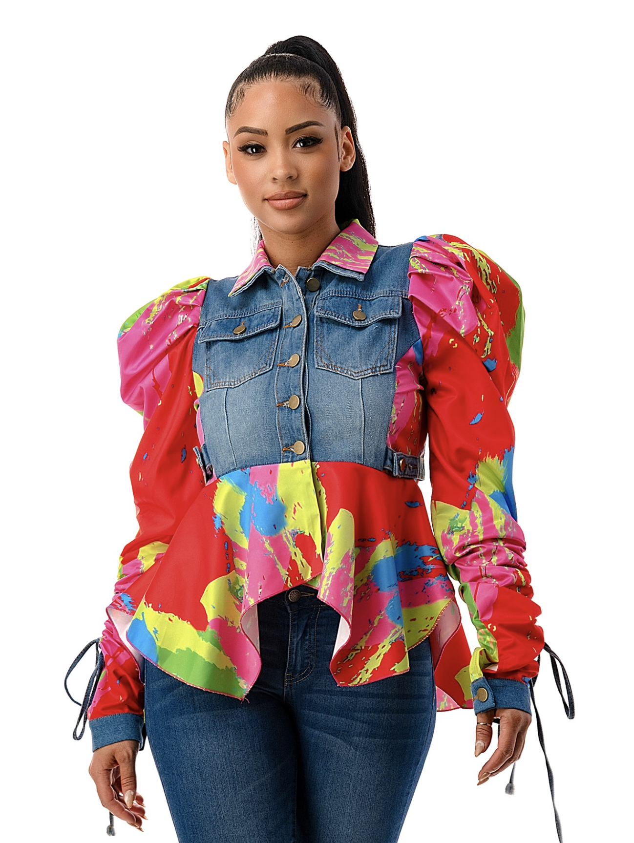 Adjustable Puff Sleeve Reconstructed Denim Peplum Jacket   {Please read Description for sizing}
