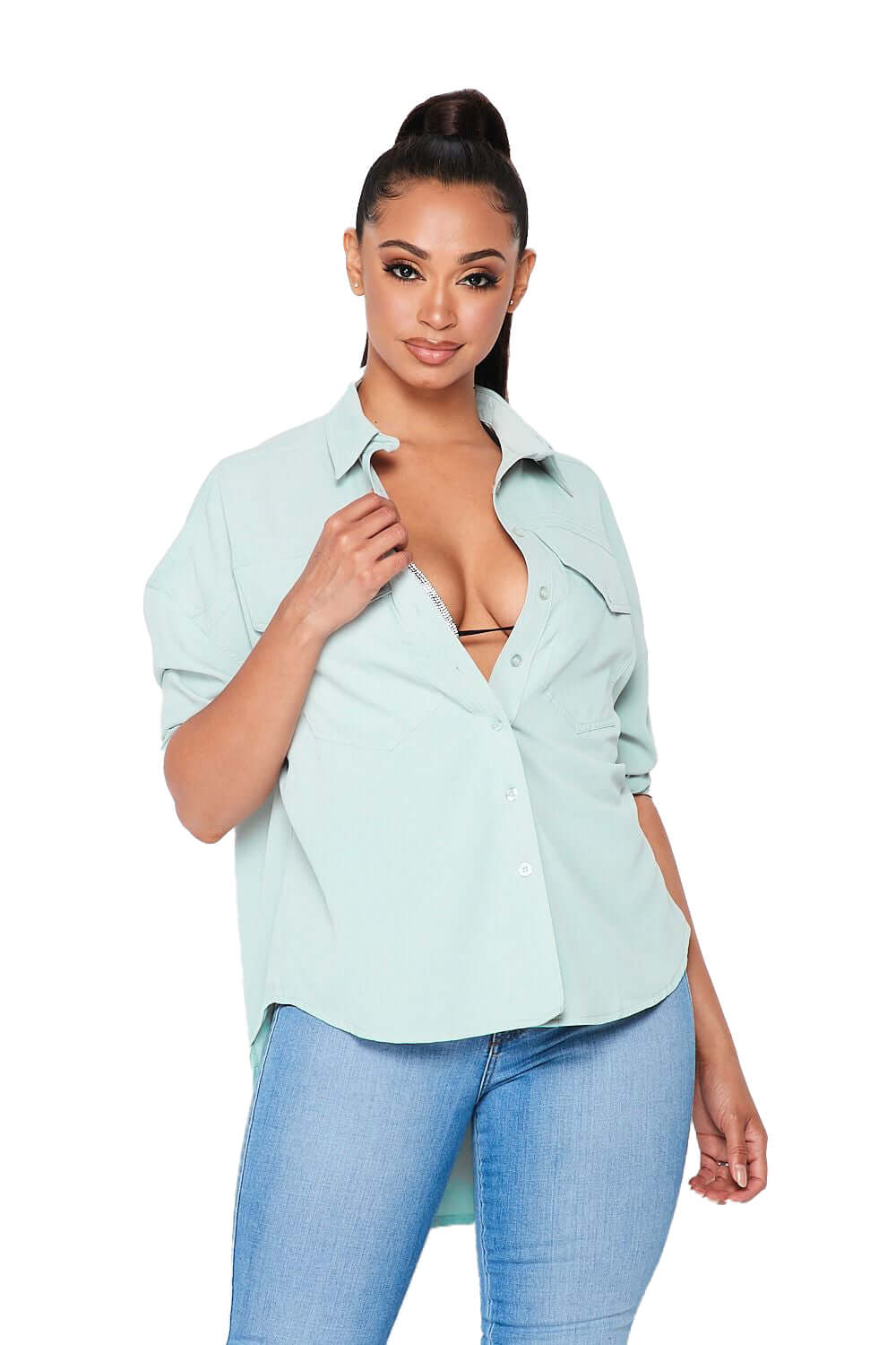 Hi Lo Bottom Up Shirt-Sage