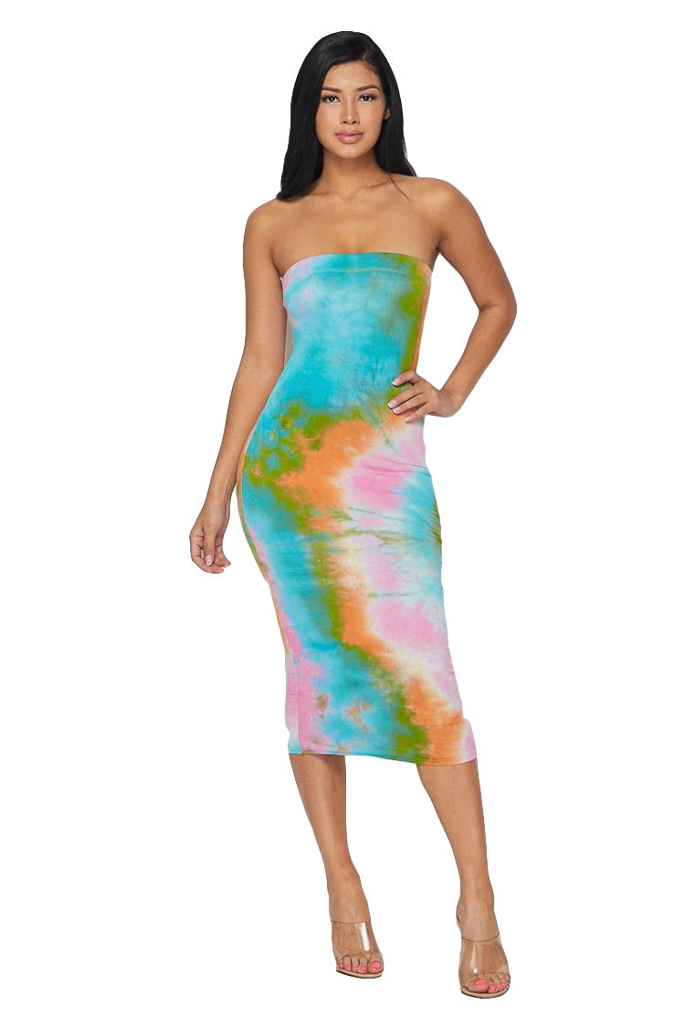 Tie Dye Tube Dress - Turquoise/Pink/Orange