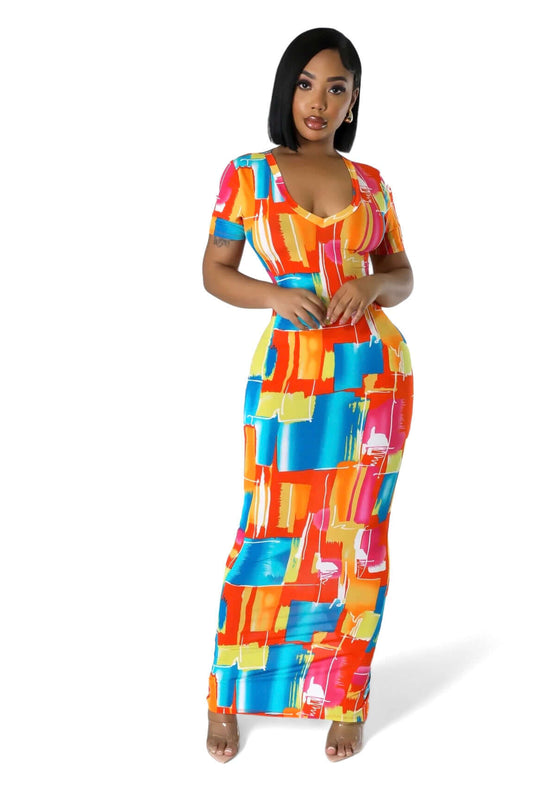 Multi Color V-Neck Maxi Dress