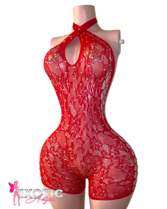 Tia Rhinestone Romper - Red