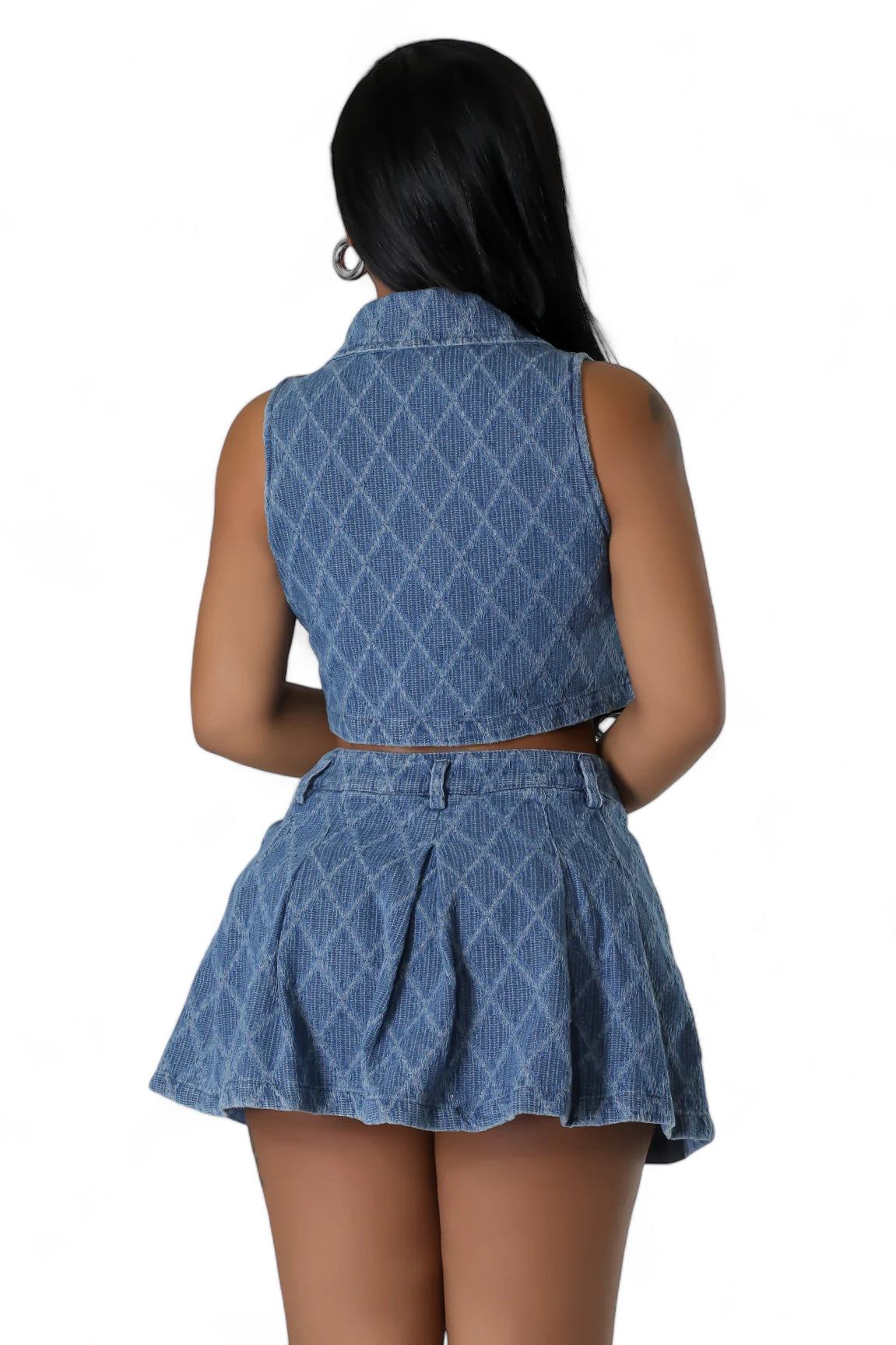 Two Piece Jacquard Denim Crop Top & Mini Skirt Set