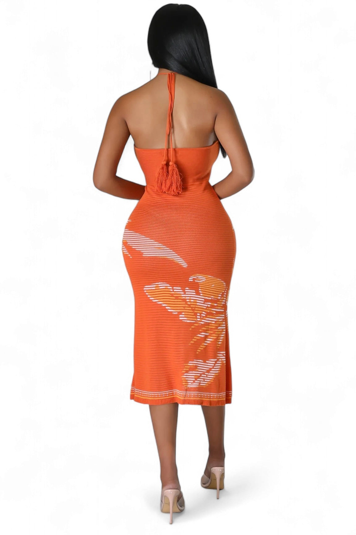 Orange Floral  Knit Halter Midi Dress