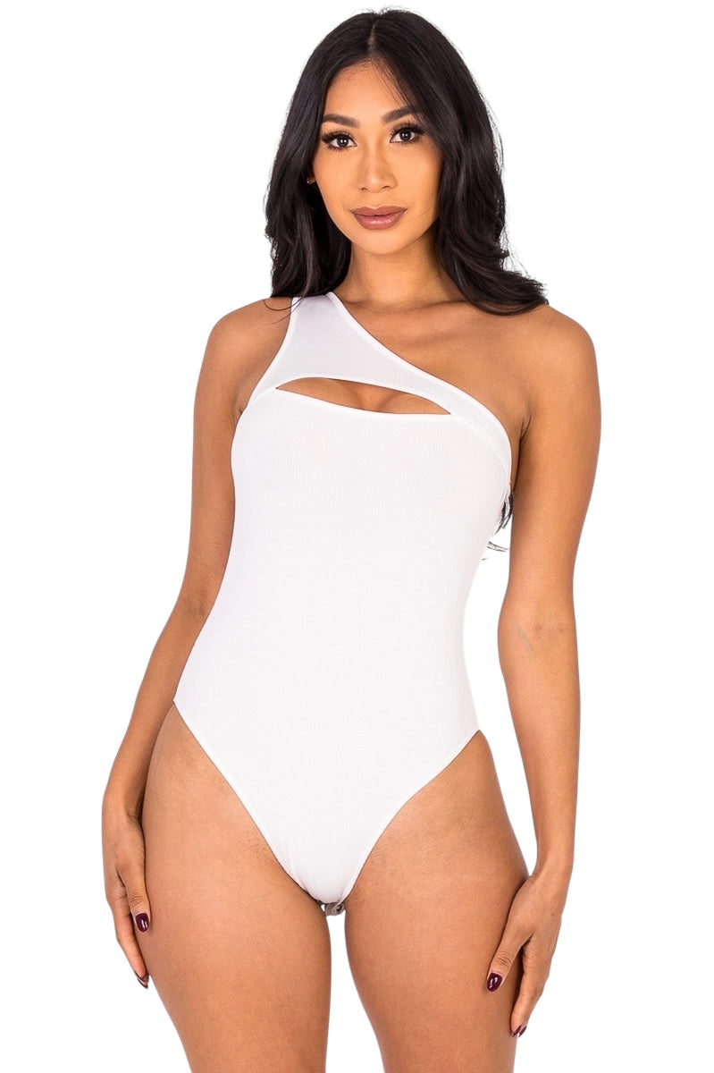 Ribbed Knit Cut Out One Shoulder Bodysuit {BT3932}